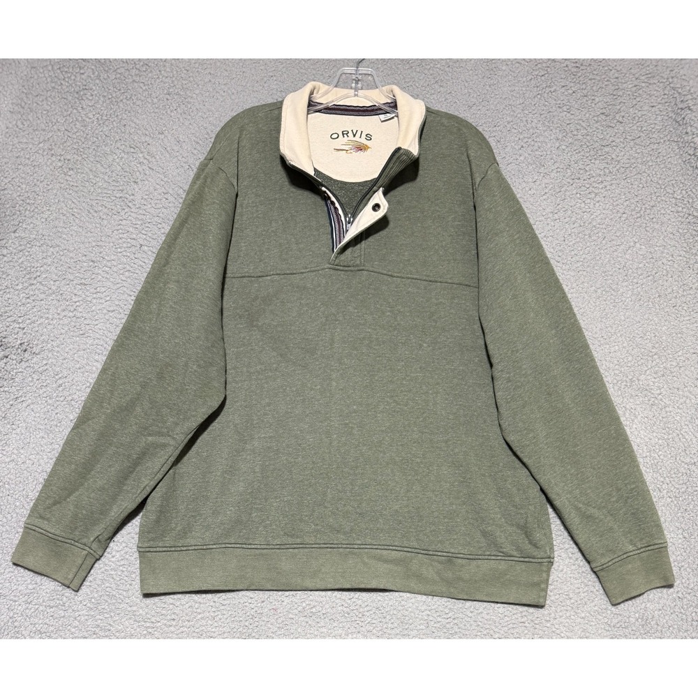 Orvis Sweater Mens 2XL Green Pullover 1/4 Zip Snap Long Sleeve